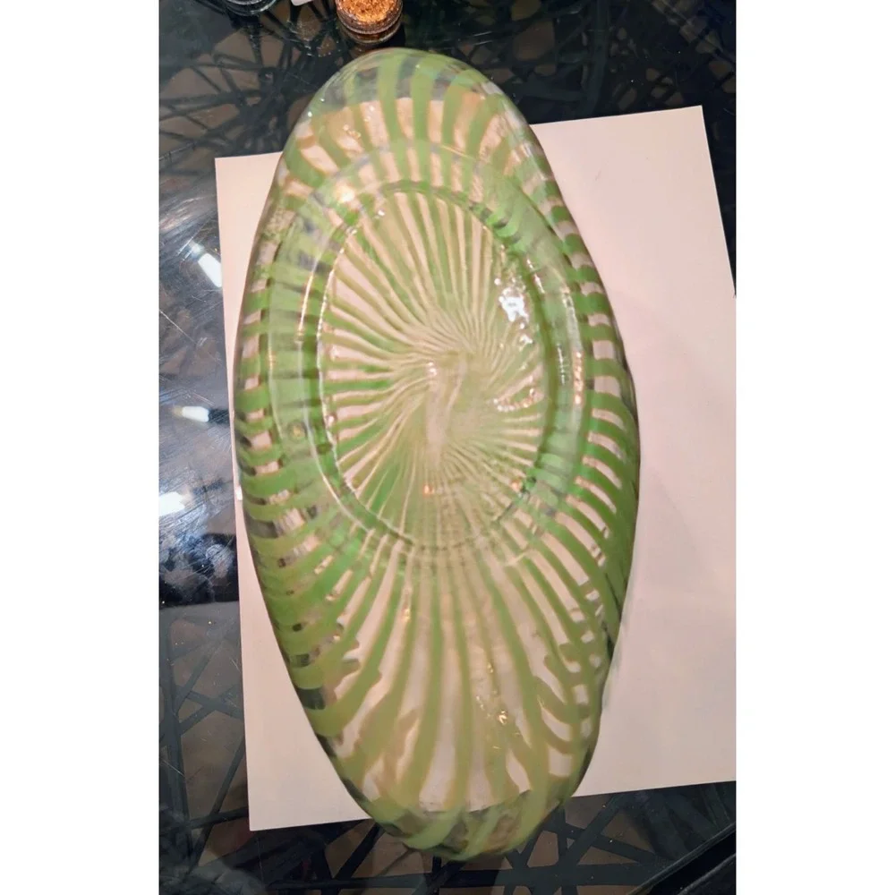 Retired Pier 1 Glass Vase W/ Green Stripes & Pier 1 Blown Glass Shell Stopper